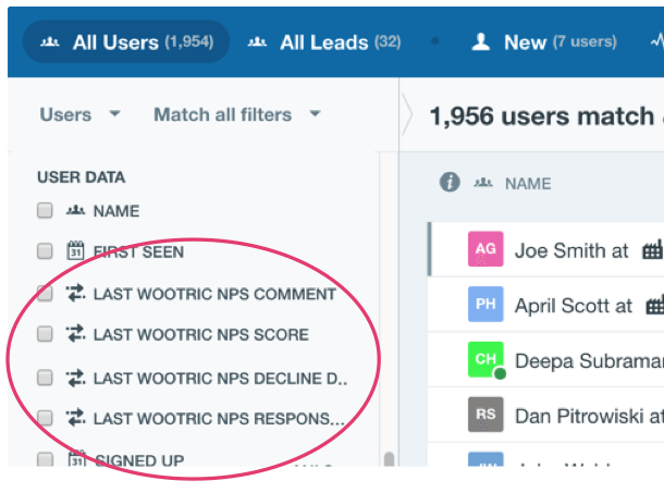 Wootric NPS Data Filters in Intercom
