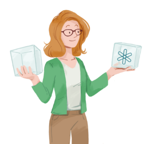 a woman holds up boxes representing machine learning