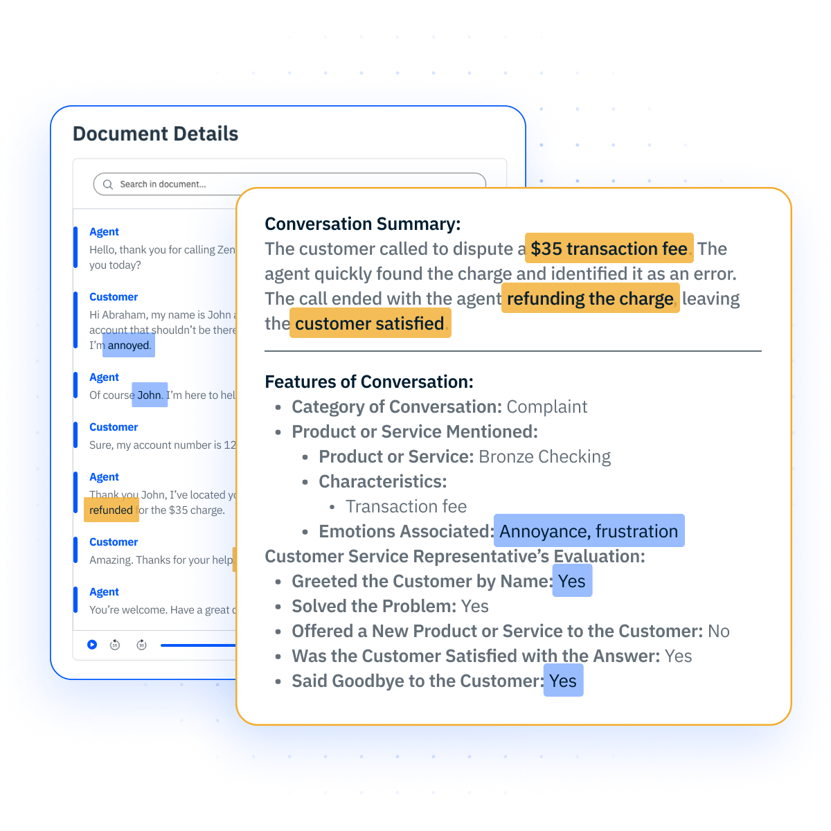 AI generated conversation summary that highlights customer insights.