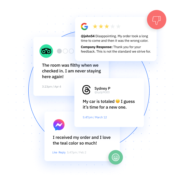 Social media monitoring that pulls reviews from TripAdvisor, Google, Threads, and Facebook. 