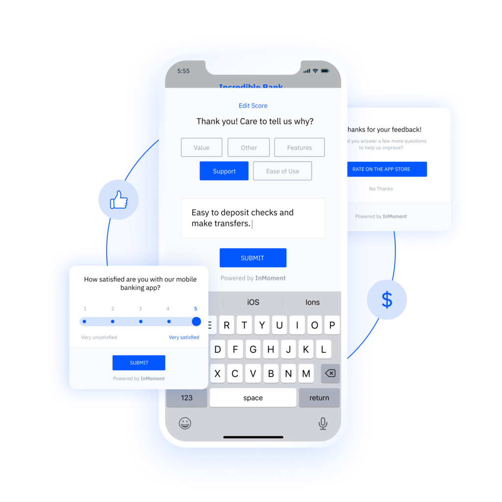 A mobile survey asking a customer to explain their rating of a banking app. 