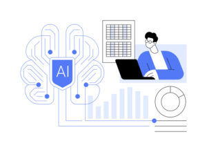 Graphic of AI and a user on a laptop.