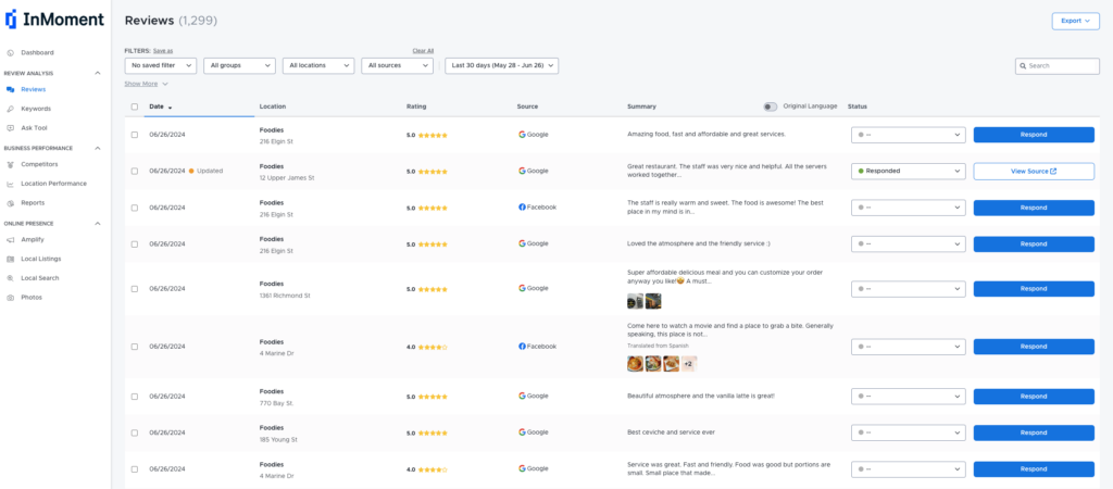 Review tracking dashboard in InMoment's XI Platform. 