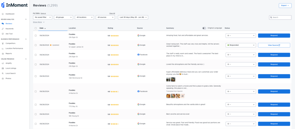 InMoment review management dashboard that shows reviews from multiple sites.