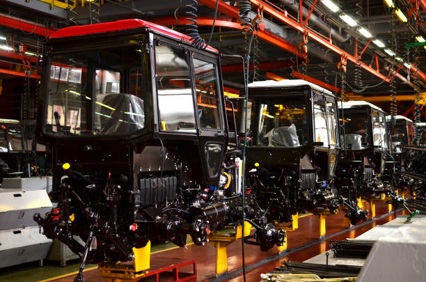 Assembly line inside the agricultural machinery factory.